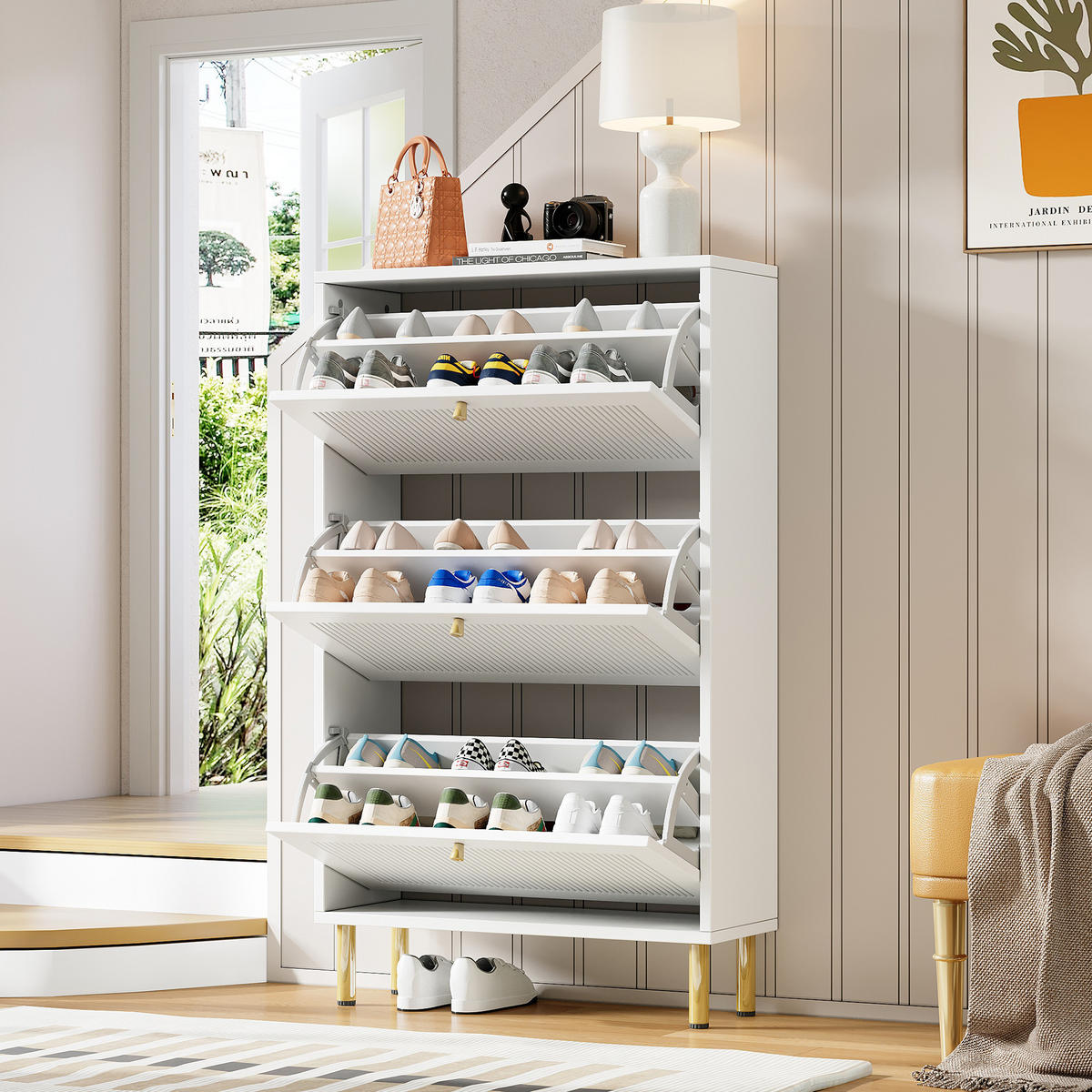SCHUHSCHRANK aus MDF & Spanplatte 73x23x125cm in Weiß mit 3 Klapptüren - Weiß, Holzwerkstoff (73/125/23cm) - Modfu
