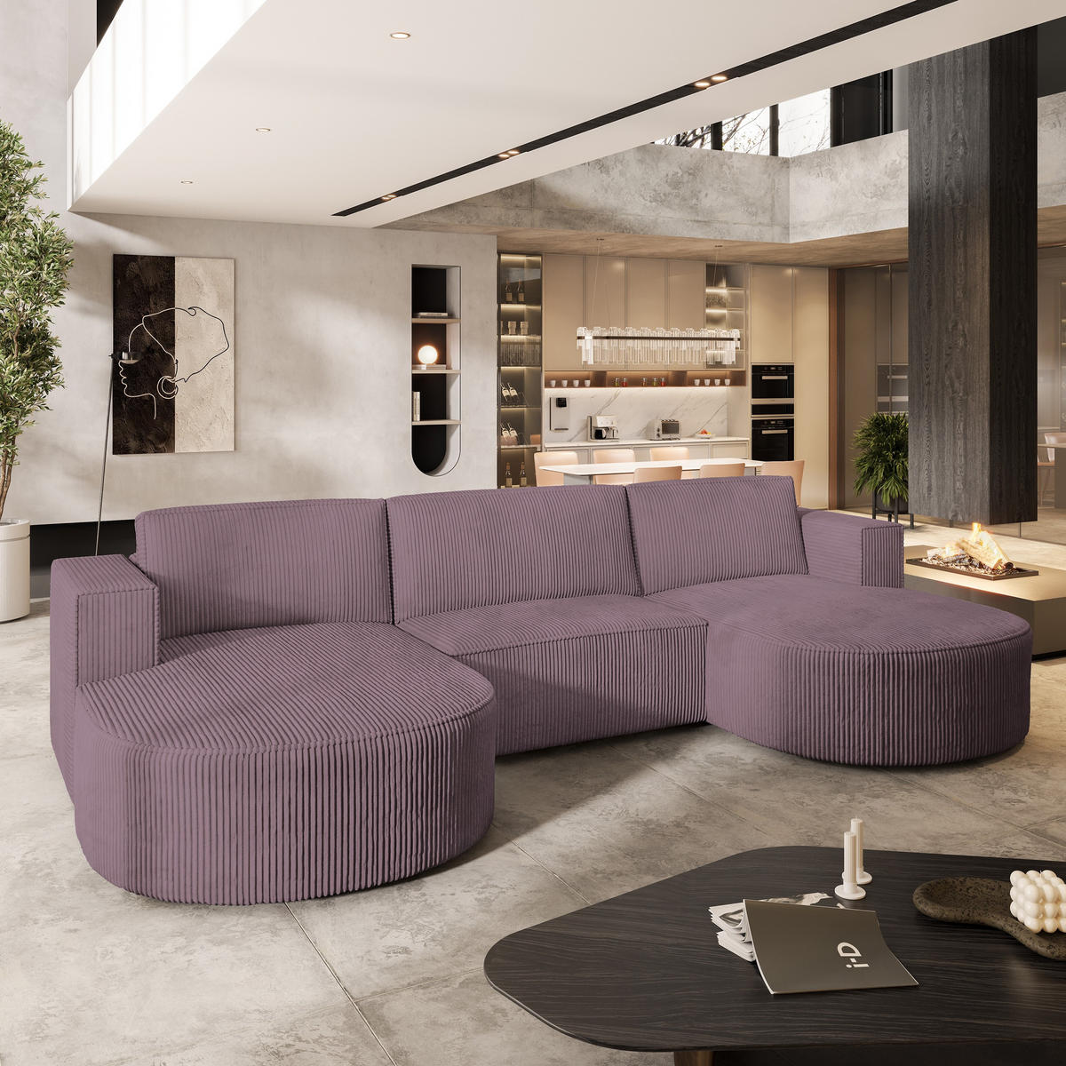 WOHNLANDSCHAFT VEZZO P Lila Kordstoff mit Schlaffunktion - Lila, Holz (347/85/174cm) - MASSENO