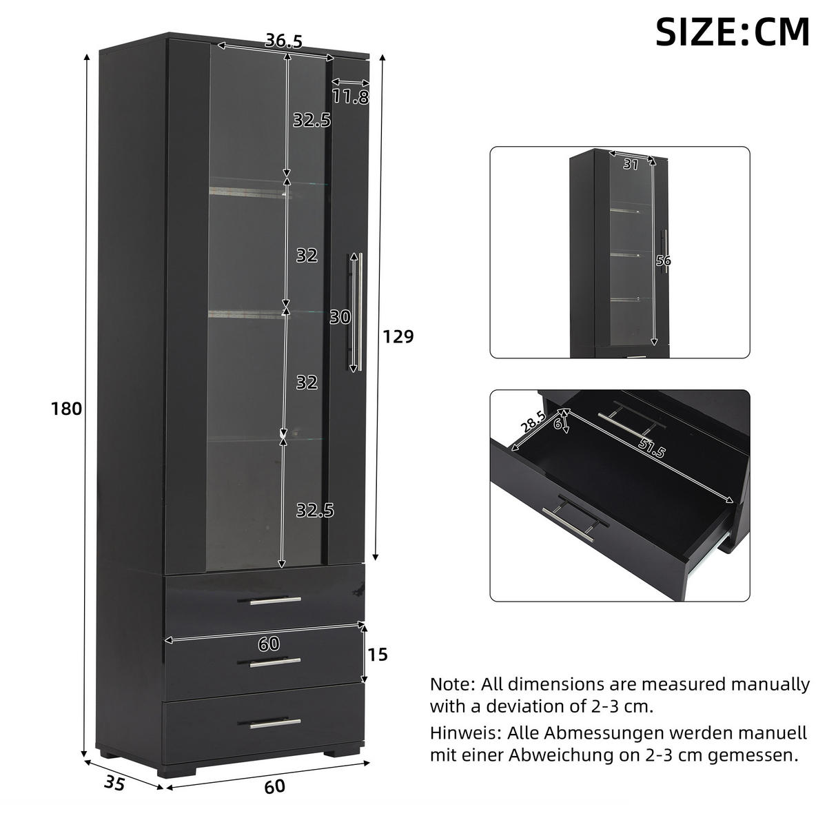 VITRINE 60/35/180 cm schwarz aus MDF mit LED und 3 Schubladen - Schwarz, Holzwerkstoff (60/180/35cm) - OKWISH