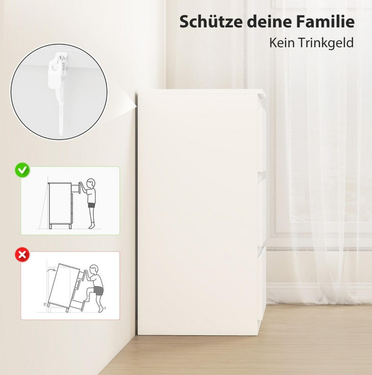 KOMMODE aus FSC-zertifizierter Spanplatte 60x40x79 cm Weiß mit 3 Schubladen, griffloser Front und Anti-Kipp-Schutz - Weiß, Holzwerkstoff (60/79/40cm) - Modfu
