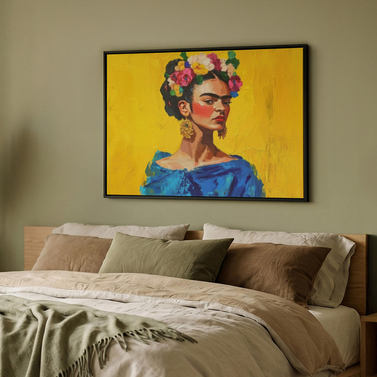 LEINWAND Bilder mit Rahmen - Frida Kahlo - Frau - Gelb - Blau - Blumen - 100x70 - Gelb, Textil (100/70cm) - MuchoWow