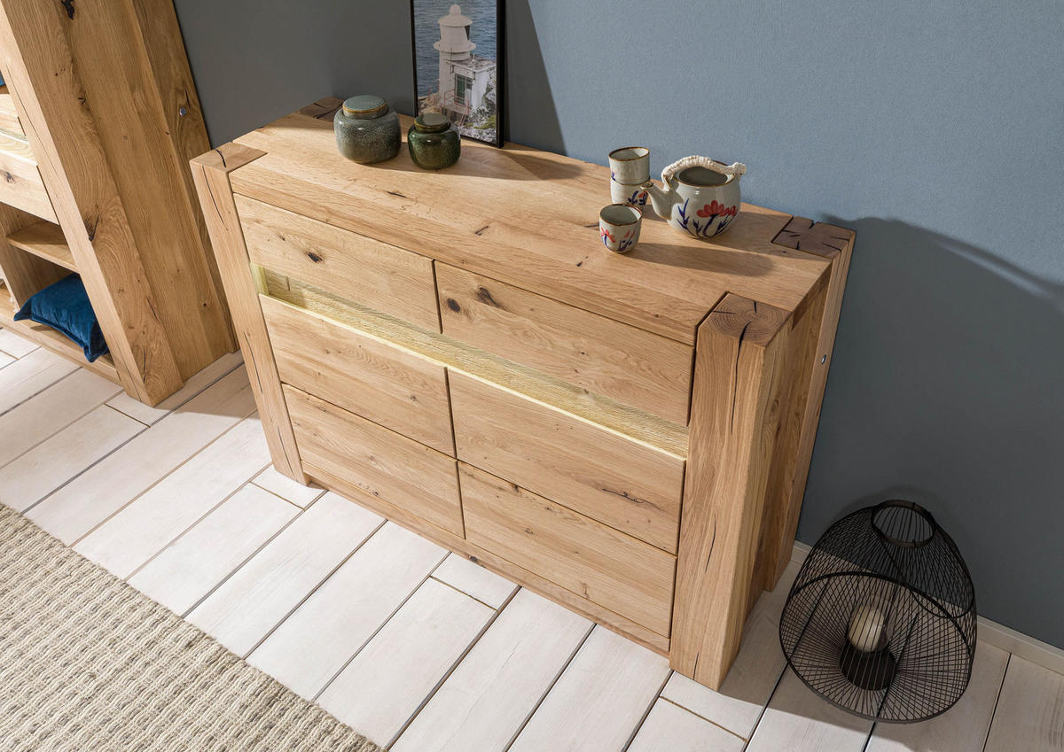 KOMMODE Wildeiche 123x40x85 beige geölt KENT #230 - Beige, Holz (123/85/40cm) - Massivmoebel24