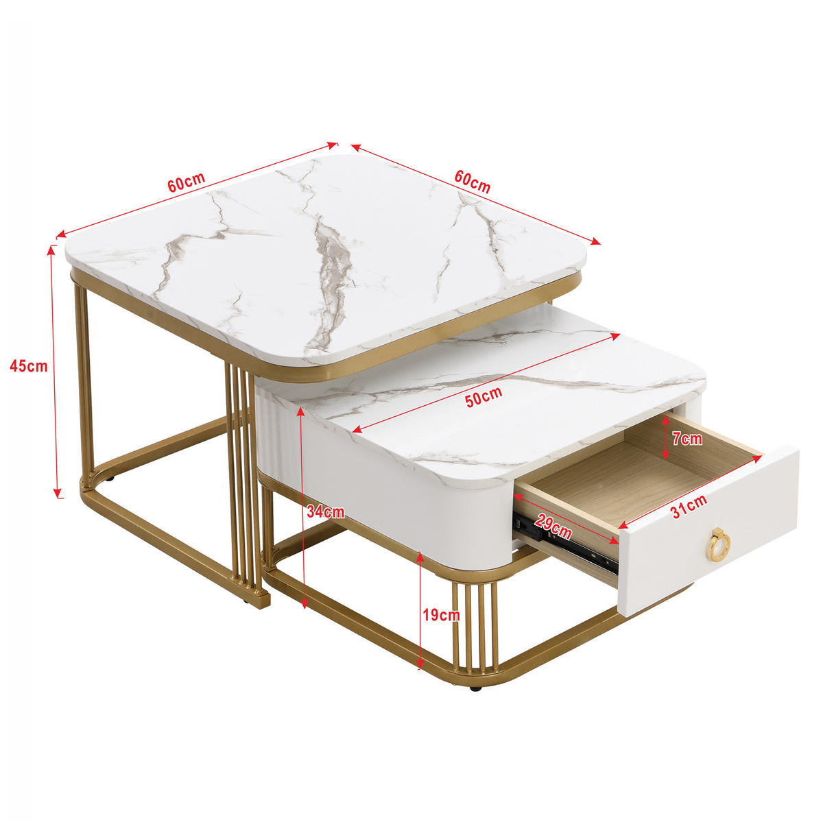 KONFERENČNÍ stolek 60/60/45 cm bílý a zlatý z MDF s mramorovým dekorem a zásuvkou - bílá/zlatá, kompozitní dřevo (60/60/45cm) - OKWISH