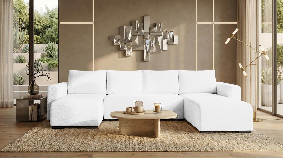 WOHNLANDSCHAFT DORA U mit Bettkasten und Schlaffunktion, U-Form, bequem - Weiß, Textil (305/85/140cm) - Storez24