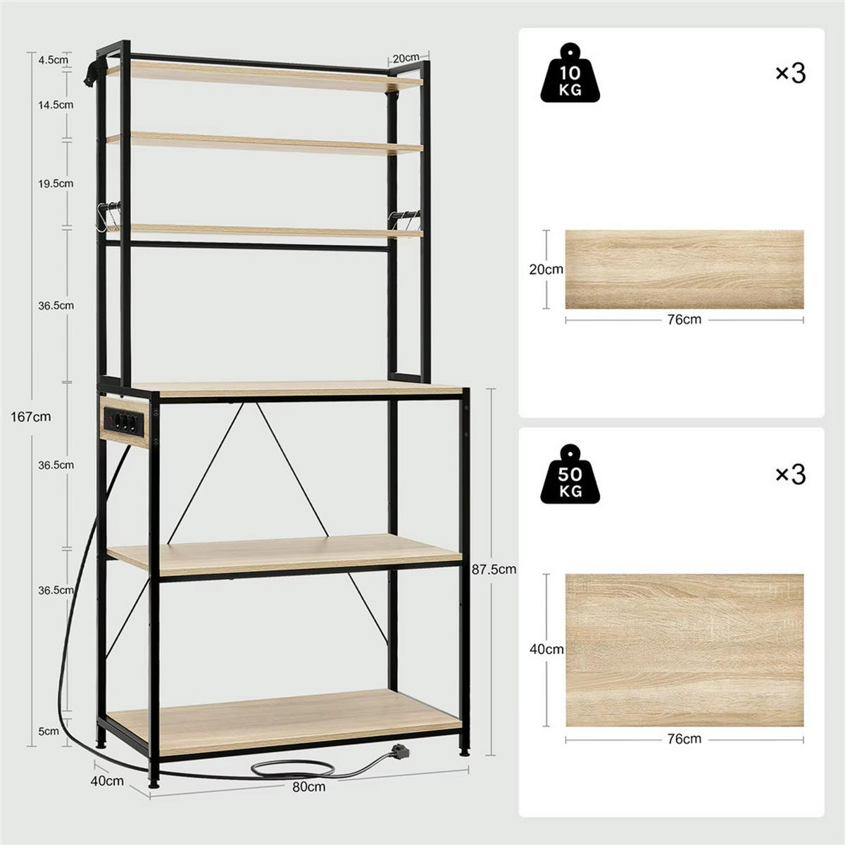 KÜCHENREGAL Steckdose 80x167x40 cm Eiche Küchenregal - Eichefarben, Metall (80/167/40cm) - Kaket