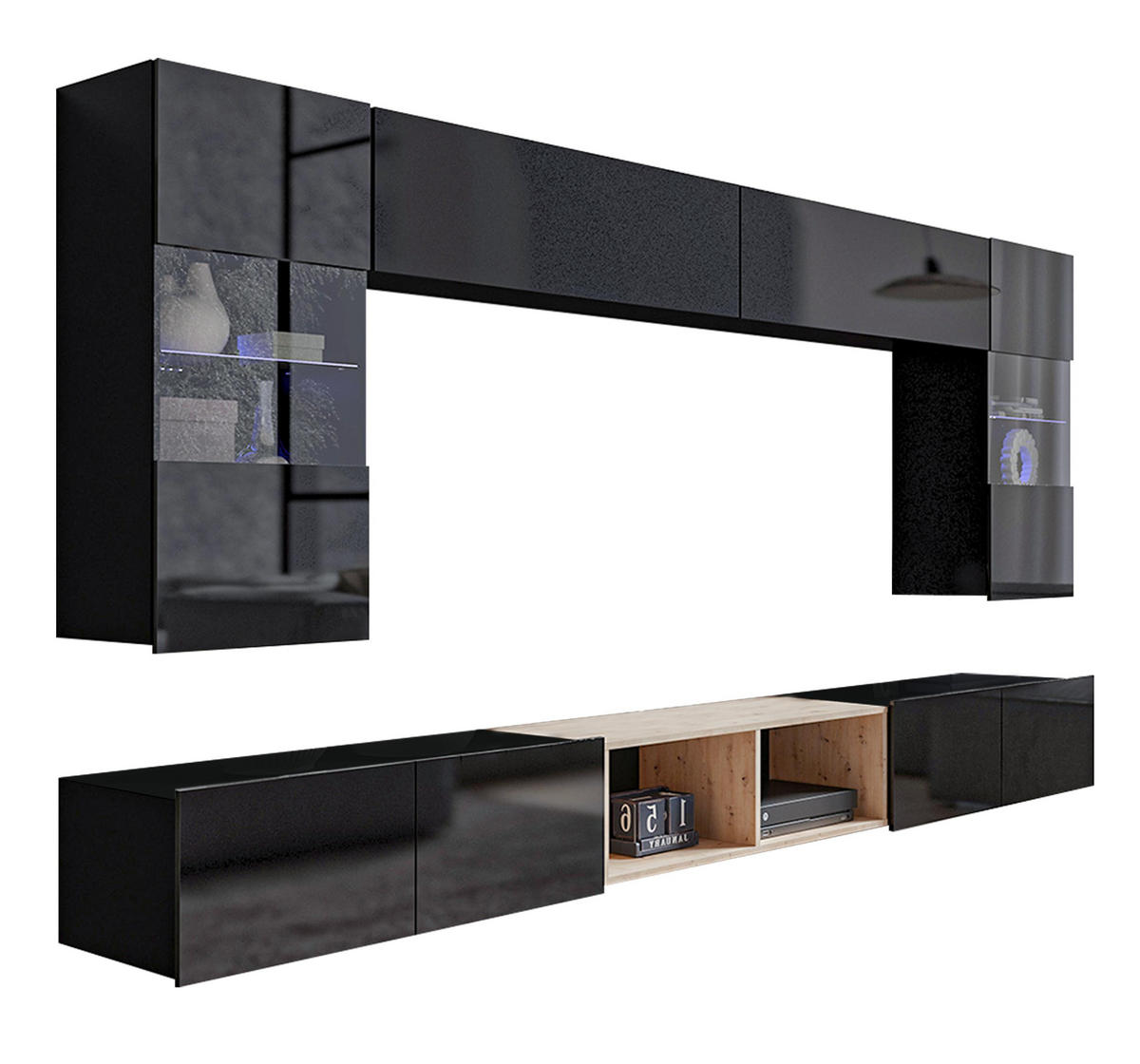 WOHNWAND Kossana 24 Modern Schwarz/Goldene Eiche 300/154/43 cm Wohnzimmermöbel - Schwarz, Holzwerkstoff/Kunststoff (300/157/43cm) - AX Living