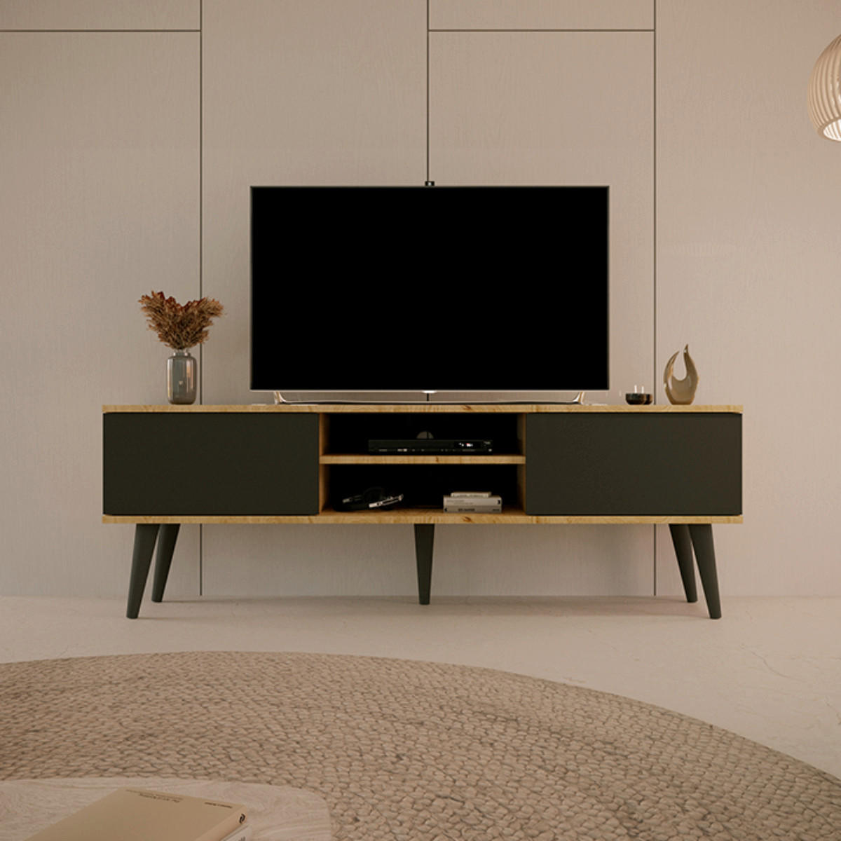 TV-MÖBEL Toronto Schwarz und Holz - Schwarz/Braun, Holzwerkstoff (160/55/35cm) - Petits-meubles