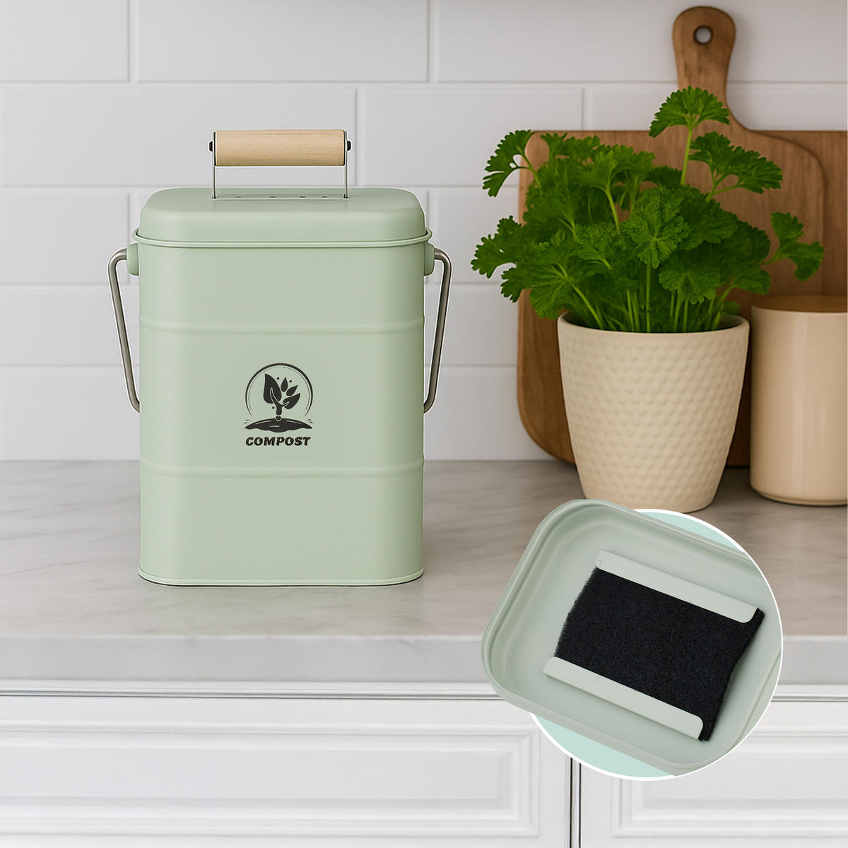 KÜCHEN-KOMPOSTEIMER - Grün, Holz/Textil (20.5/26/14cm) - Relaxdays