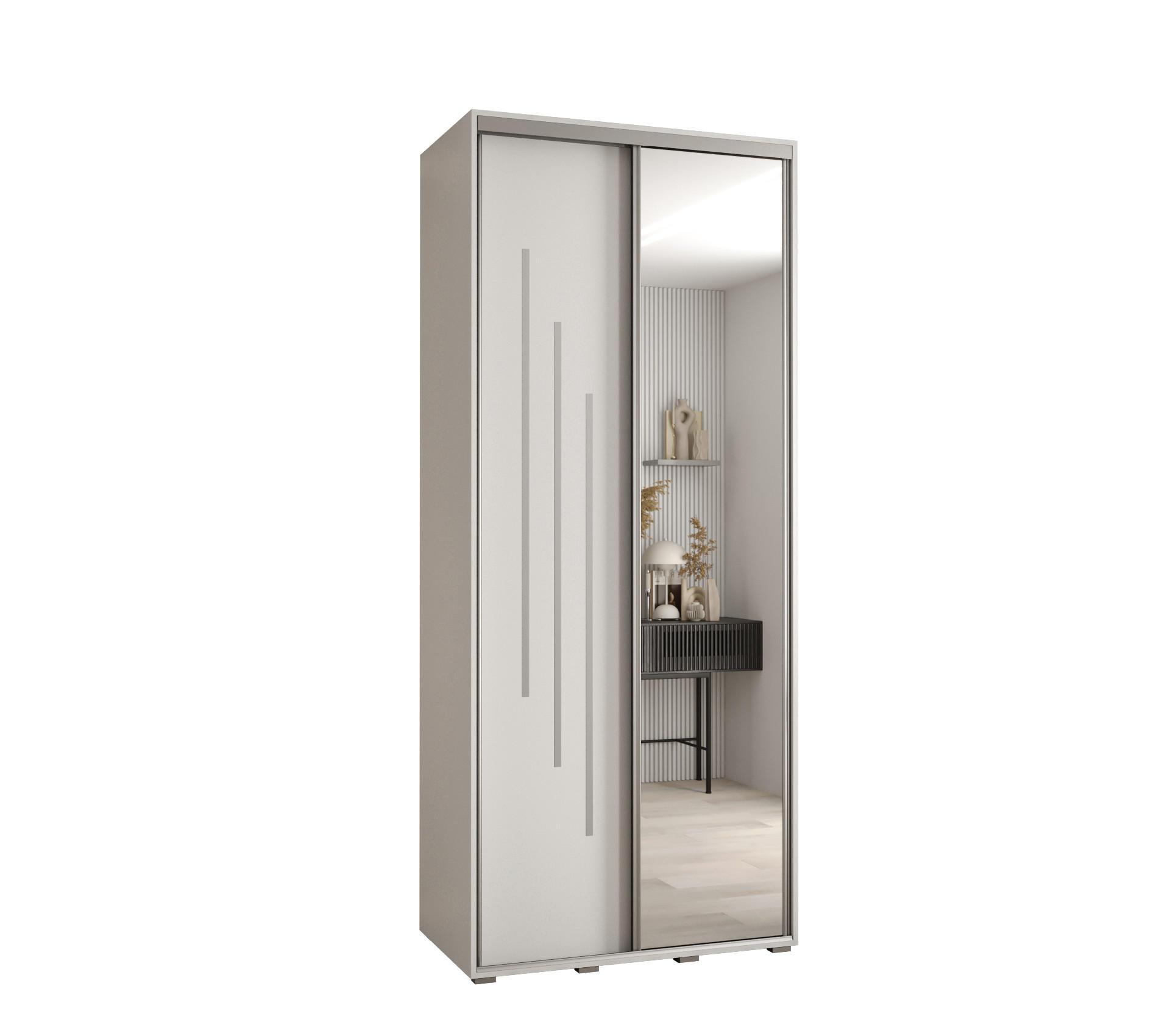 Abiks Möbel Schwebetürenschrank Weiß, Weiß, Silber 100x235x60 cm