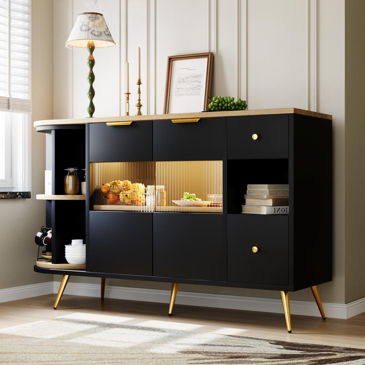 SIDEBOARD mit Kunst-Rattan-Türen und goldenen Details, 130/40/80cm - Schwarz, Holzwerkstoff (130/80/40cm) - Urban Meuble