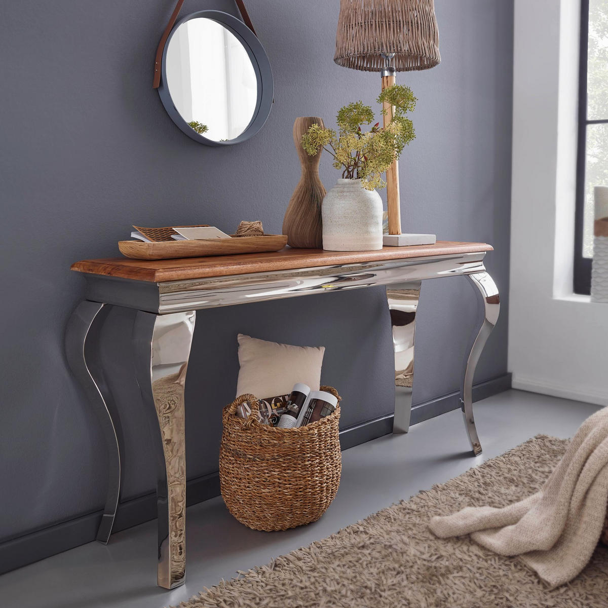 KONSOLENTISCH – Massivholz, 130 cm breit, silberne Beine, 2,5 cm Plattendicke - Silberfarben, Holz/Metall (42/130/76cm) - KADIMA DESIGN