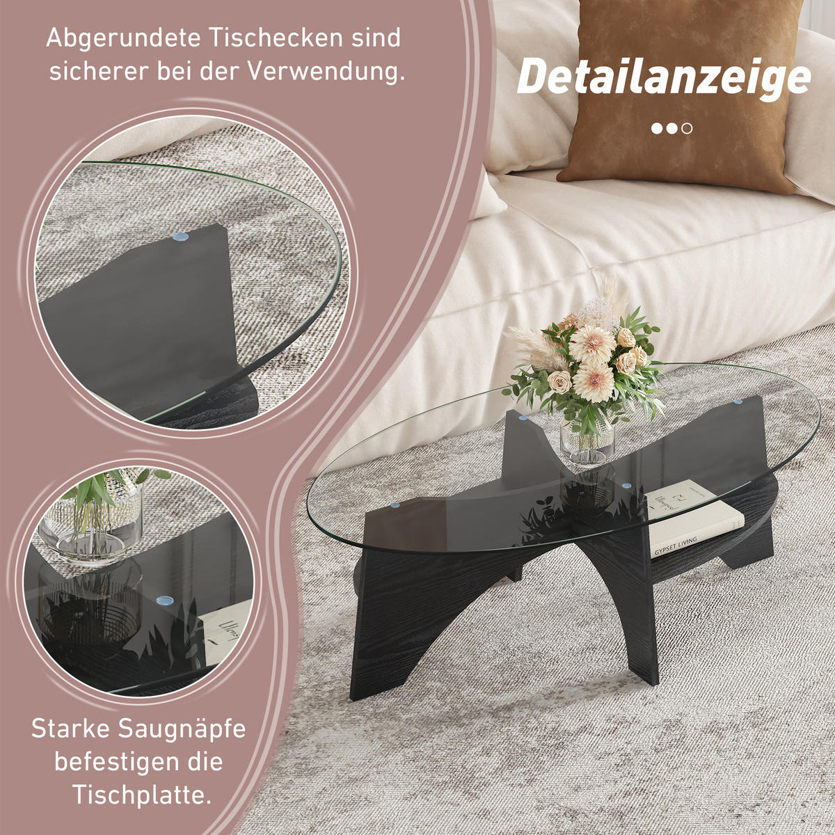 COUCHTISCH in Schwarz Moderner ovaler Beistelltisch mit Holzoptik für Esszimmer und Wohnzimmer, B104.9/T60/H35.6 cm - Transparent/Schwarz, Glas/Holzwerkstoff (60/104.9/35.6cm) - STILVORA
