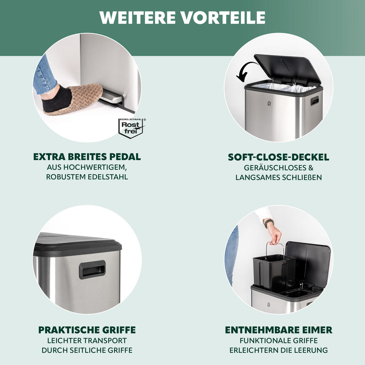 ABFALLEIMER je 15 Liter, silber - Edelstahlfarben, Metall (42.5/50/33.5cm) - eluno