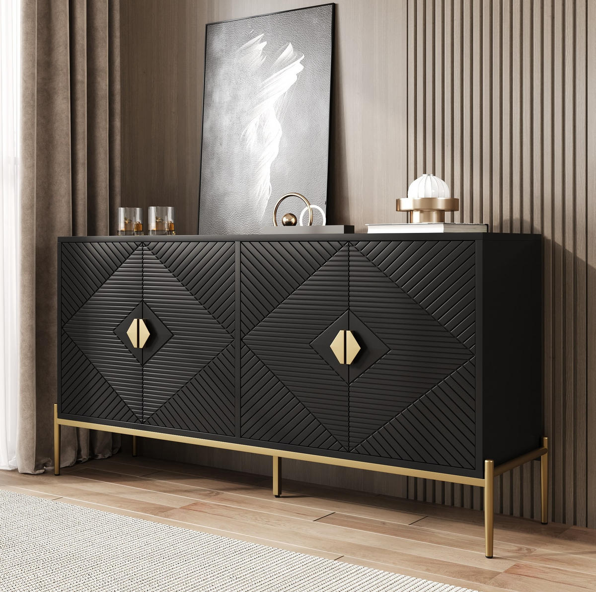 KOMMODE 162/80/40 cm Schwarz aus MDF und Holzwerkstoff mit 4 Türen - Schwarz, Holzwerkstoff (40/80/162cm) - OKMYHOME