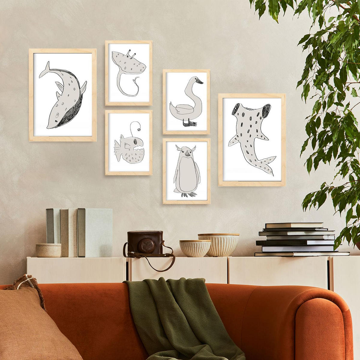 POSTER Set Mit 6 Sea Varmint In Tiere Abstracts Ästhetische Dekorative Gemälde Für Ihr Wohnzimmer Schlafzimmer Zuhause A3 & A4 Rahmen Aus Hellem Holz - Beige, Papier (29/3cm) - Nacnic