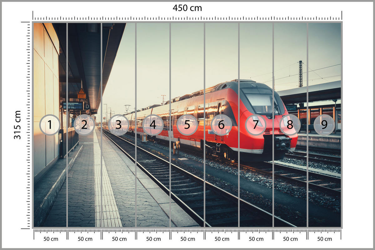 FOTOTAPETE für Wohnzimmer Moderner Roter Zug Bahnhof Geleise 450x315 - Rot/Braun, Papier (450/315cm) - Muralo