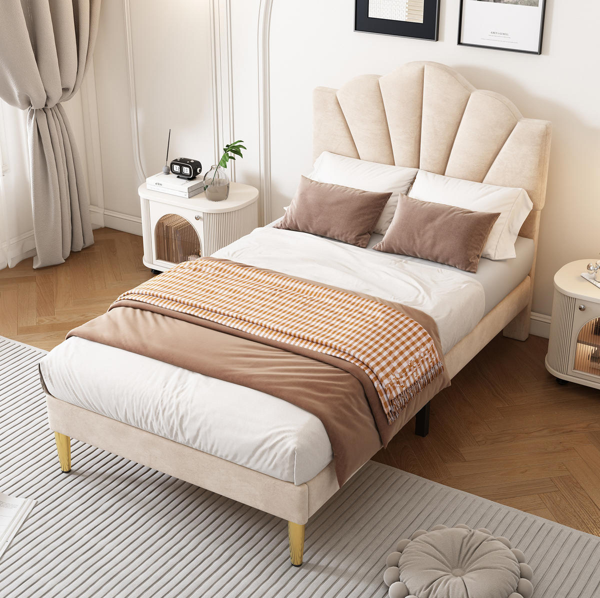 POLSTERBETT 90/200 cm Beige aus Samt mit verstellbarem Kopfteil - Beige, Textil - OKMYHOME