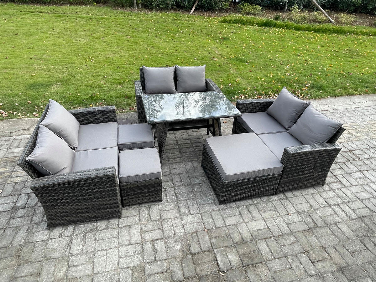GARTENMÖBELSET mit ESSTISCH,HOCHLEHNER-SOFA Polyrattan Dunkelgrauer Mix 9-Sitzer - Dunkelgrau/Grau, Glas/Kunststoff - Fimous