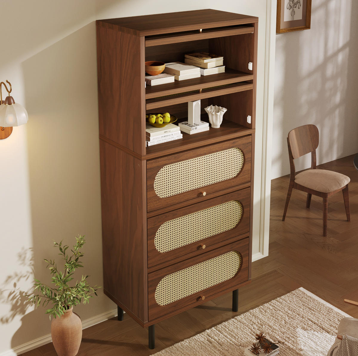 BUFFET 80/40/163 cm in Nussbaum mit Rattanfronten und 5 Klappen - Walnussfarben, Holzwerkstoff (80/163/40cm) - Flora Grace
