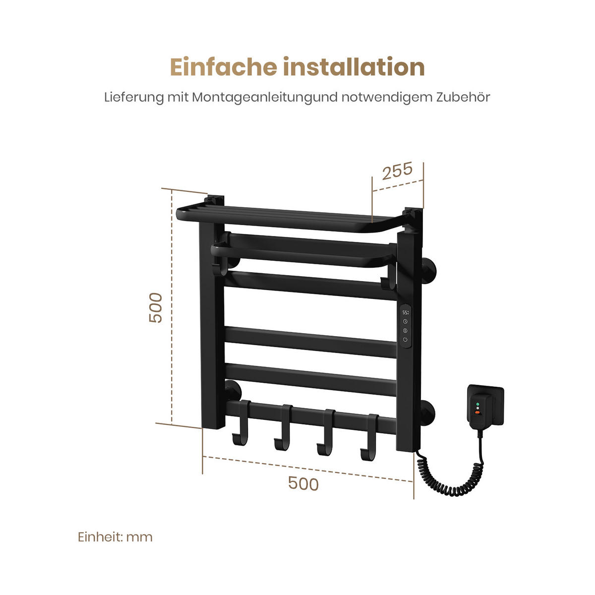 HEIZKÖRPER Elektrischer Handtuchhalter mit Ablage Schwarz 50/50/4,3 cm - Schwarz, Metall (50/50/25cm) - EMKE