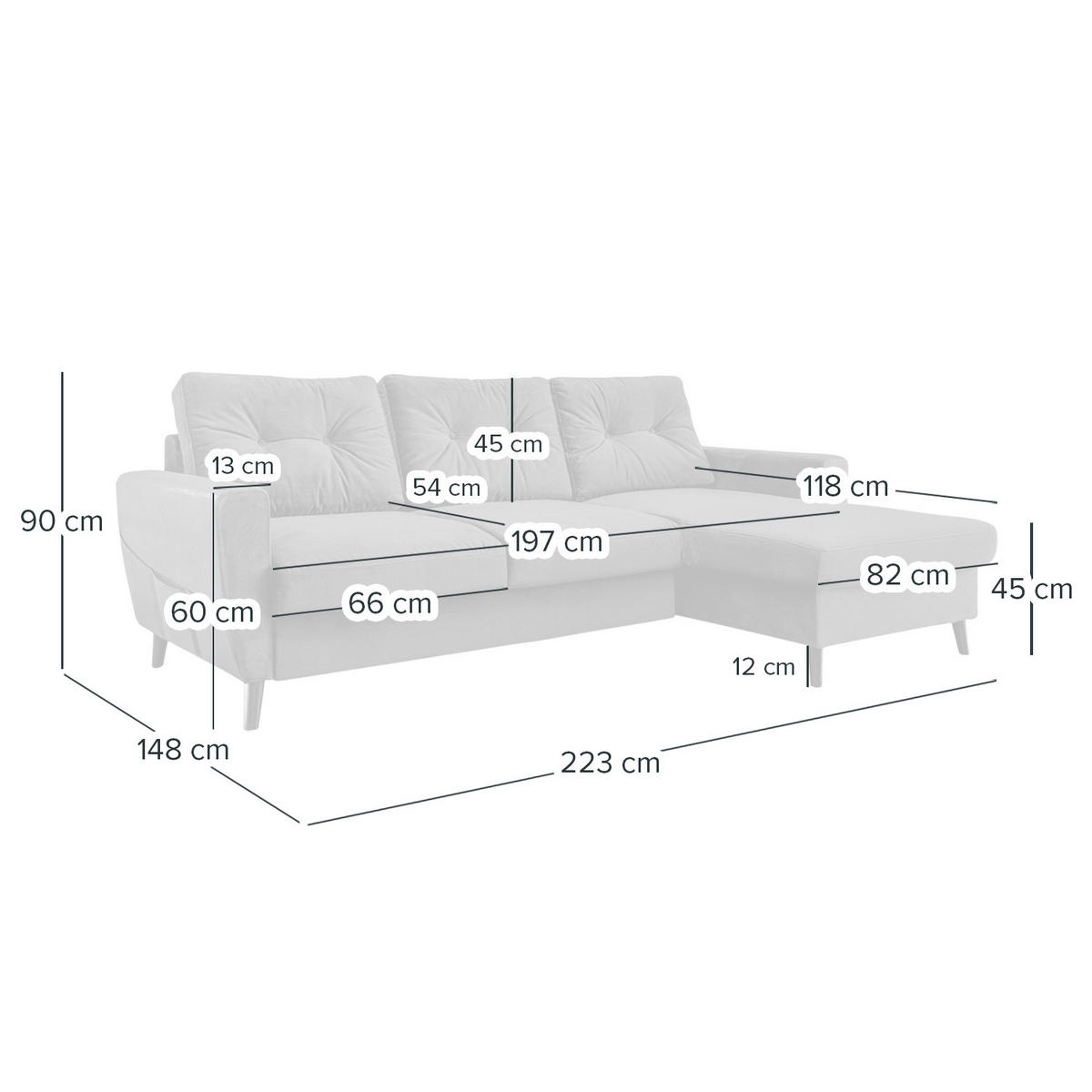 ECKSOFA mit Longchair - Petrol/Schwarz, Buchenholz/Textil (233/148cm) - home24