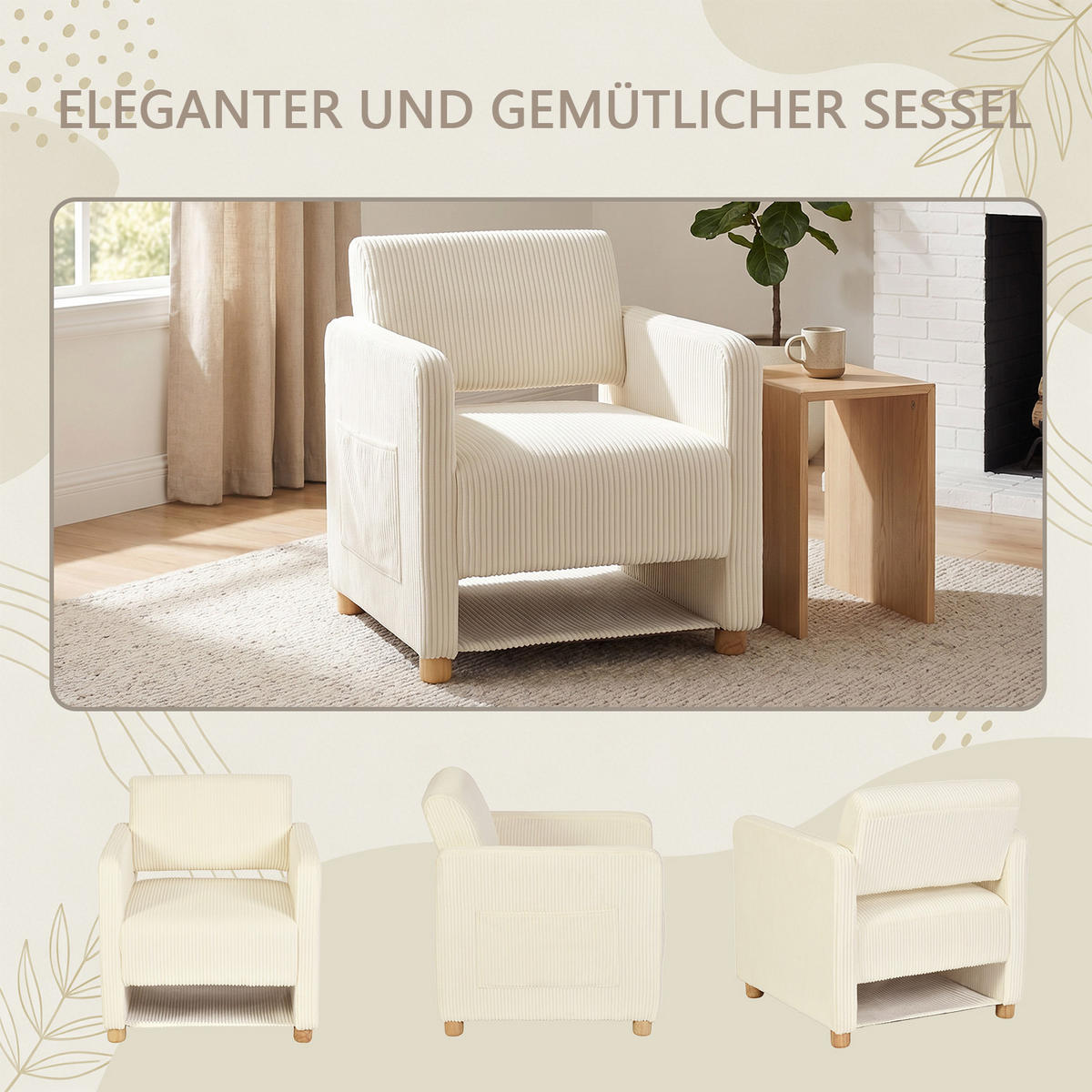 SESSEL, 2er-Set, mit Armlehnen, Cordbezug und Massivholzfüßen, Beige und Grün - Beige/Grün, Holz/Textil (66/76.5/73.5cm) - Meubles Cosy