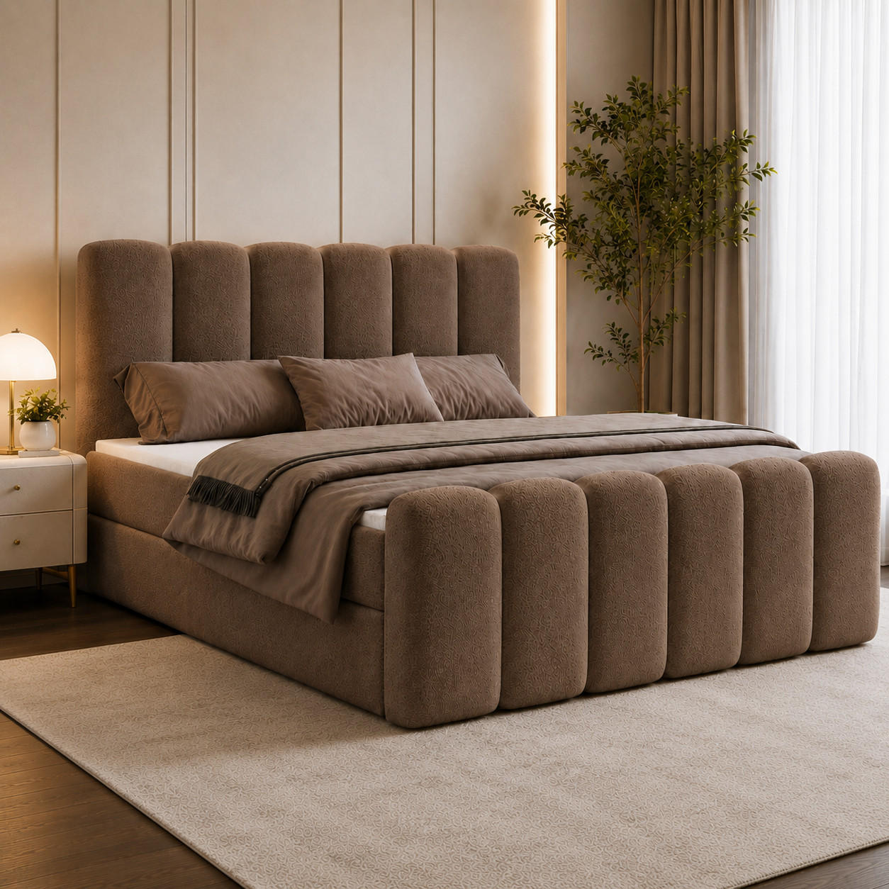 BOXBETT NOLA 140x200 mit Bettkasten, Matratze & Topper – Braun Bouclé - Braun, Textil (140/200cm) - Luxkor24