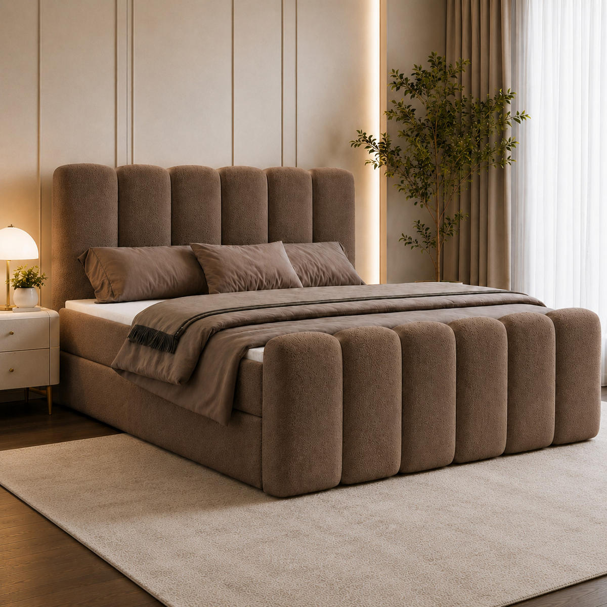 BOXBETT NOLA 200x200 mit Bettkasten, Matratze & Topper – Braun Bouclé - Braun, Textil (200/200cm) - Luxkor24