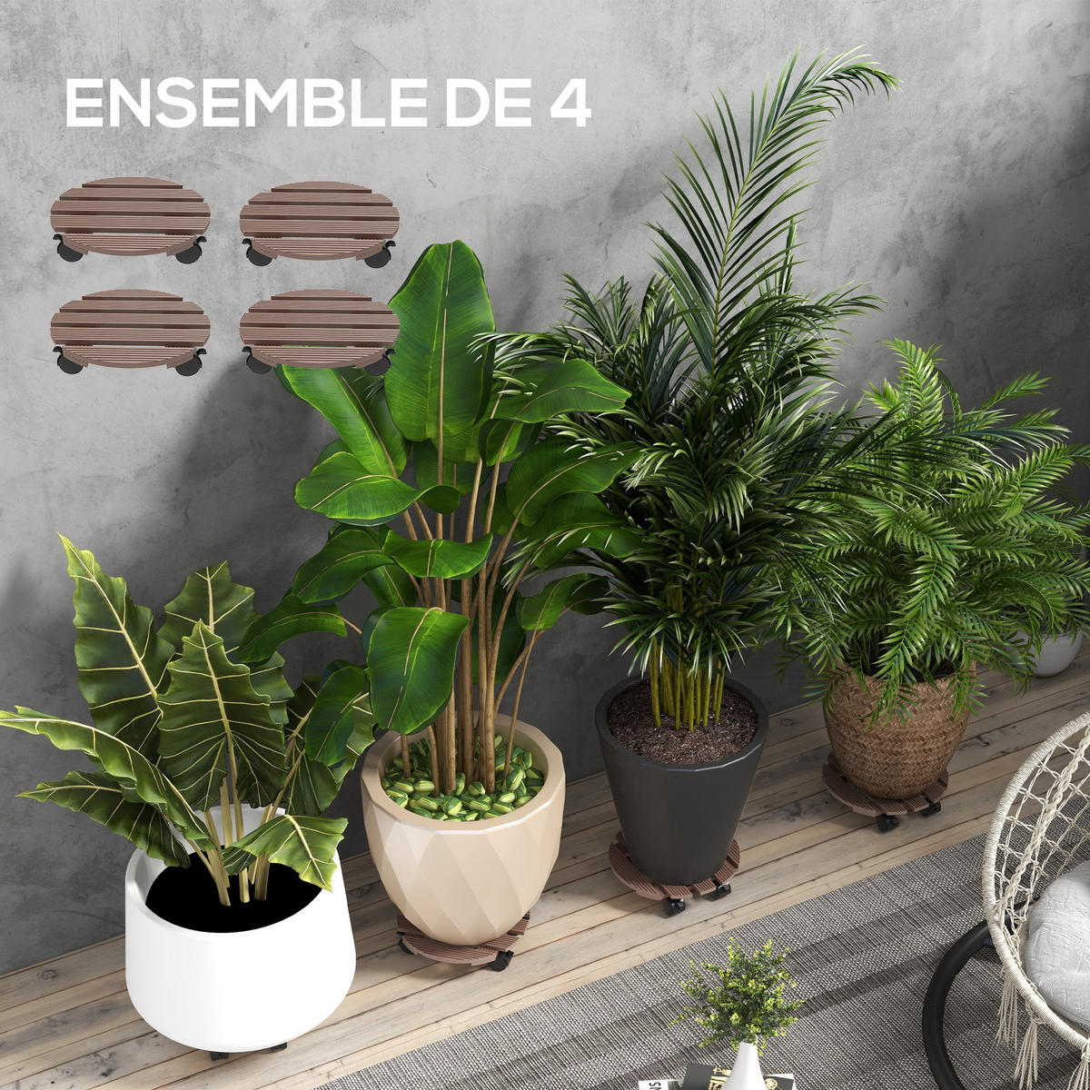 PFLANZENROLLEN-SET DE-12158 4er-Set Ø30 cm, mit Bremsen Natur - Braun, Kunststoff (30/7/30cm) - ComfortXL