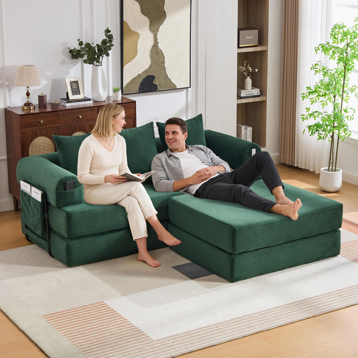 ECKSOFA Cord Smaragdgrün mit Hocker und Kissen - Smaragdgrün, Textil/Metall (218/285cm) - WISHDOR