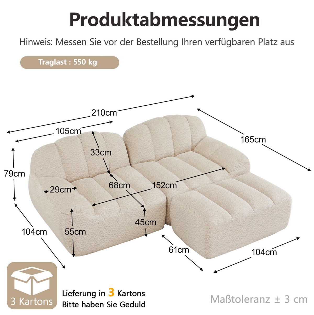 SOFA 210/165/79 cm in Beige-Weiß mit Ottoman und ohne Montage - Beige, Textil (165/79/210cm) - Flora Grace