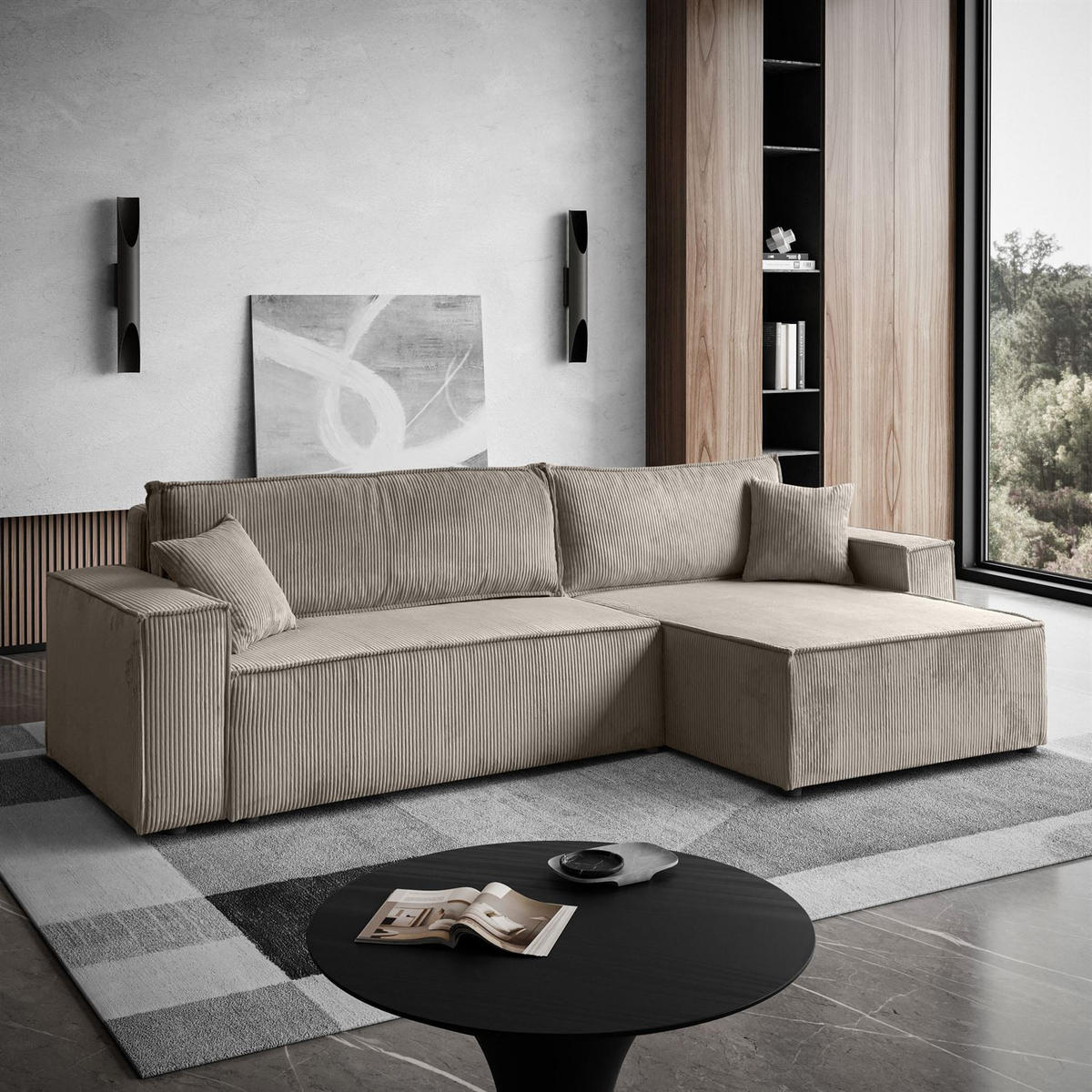ECKSOFA Gepolstertes CARLO XL Cord mit Schlaffunktion und Bettkasten, Poso 02 - Beige, Textil (277/143cm) - Lookway