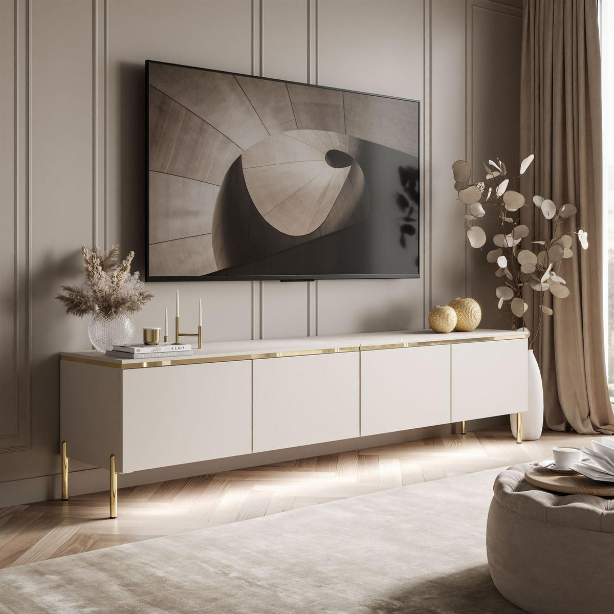 TV-LOWBOARD CELINE KASCHMIR 200 cm auf geraden goldenen Chrom-Beinen - Kaschmir/Goldfarben, Holzwerkstoff/Metall (200/49/40cm) - Lookway