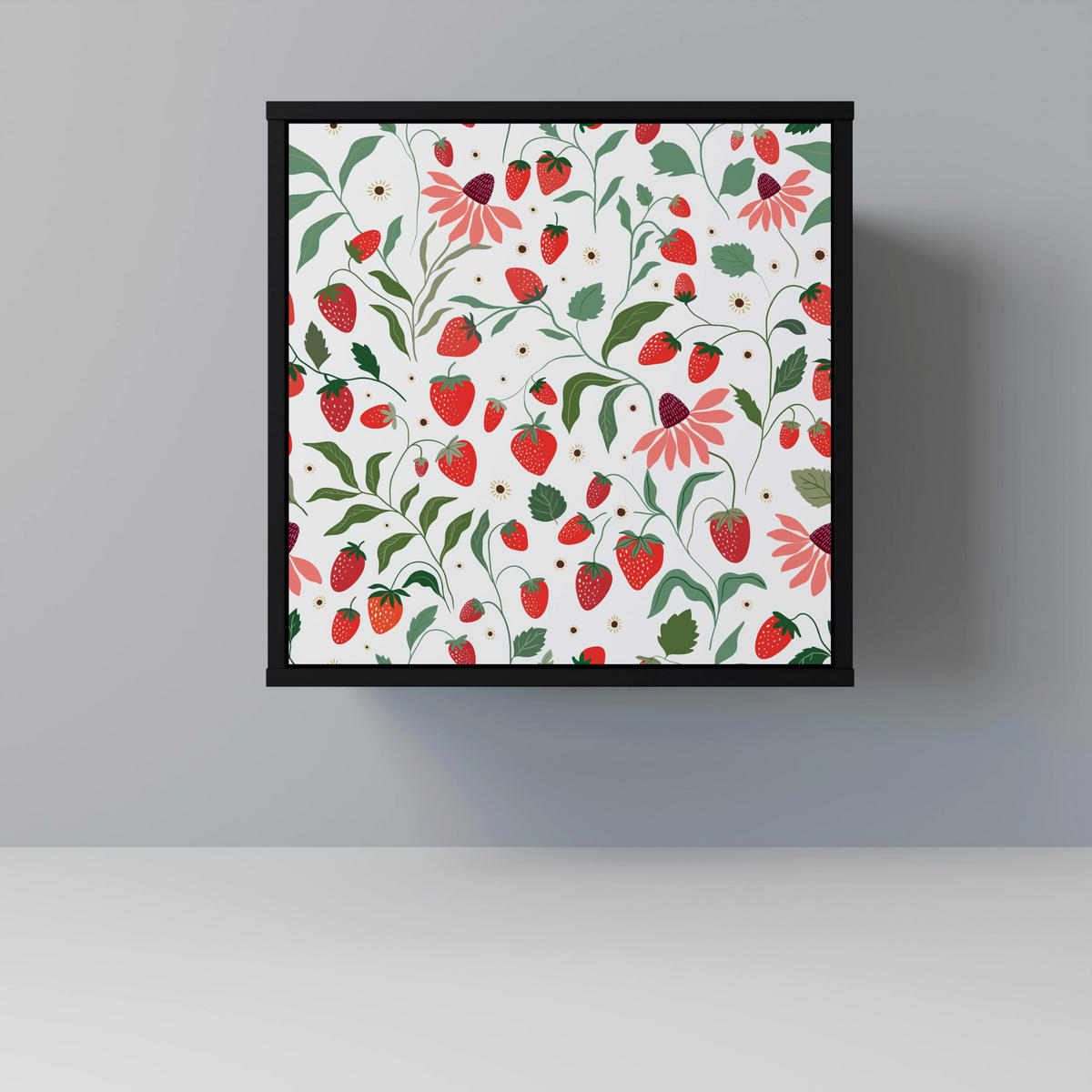 SIDEBOARD FLOWERS AND STRAWBERRIES, Schwarz, 57,5x42x75,5 cm, Goldfarbene Metallfüße - Goldfarben/Multicolor, Holzwerkstoff/Metall (57.5/75.5/42cm) - SpaceRebels