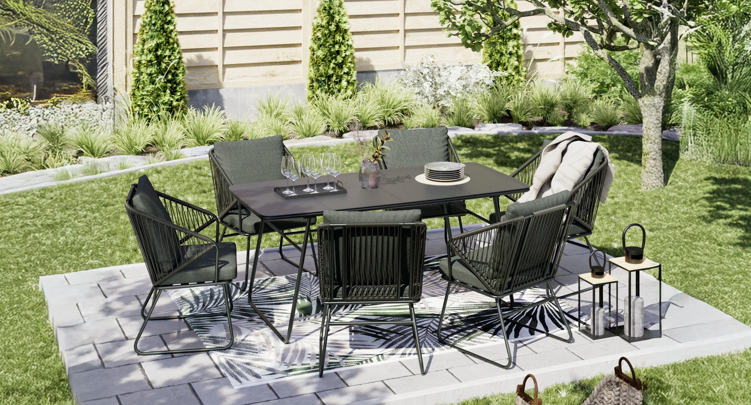 kerti étkezőgarnitőra, fekete, kötélfonatos székek