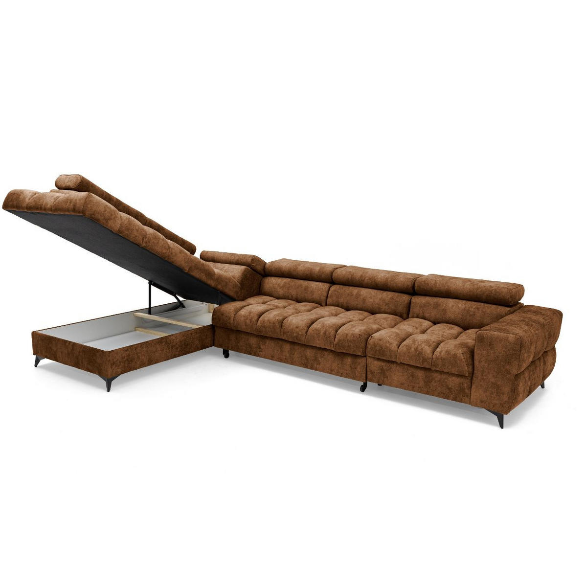 ECKSOFA PUDDING MAXI L Links mit Schlaffunktion 125x195 Velours Hellbraun - Hellbraun/Schwarz, Holz/Textil (350/203cm) - Muffo