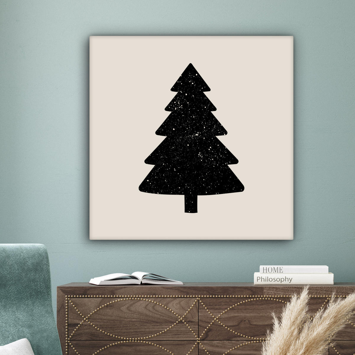 LEINWANDBILD Weihnachtsbaum - Schwarz - Urlaub - Beige Deko Groß 90x90 cm - Schwarz, Textil (90/90cm) - MuchoWow