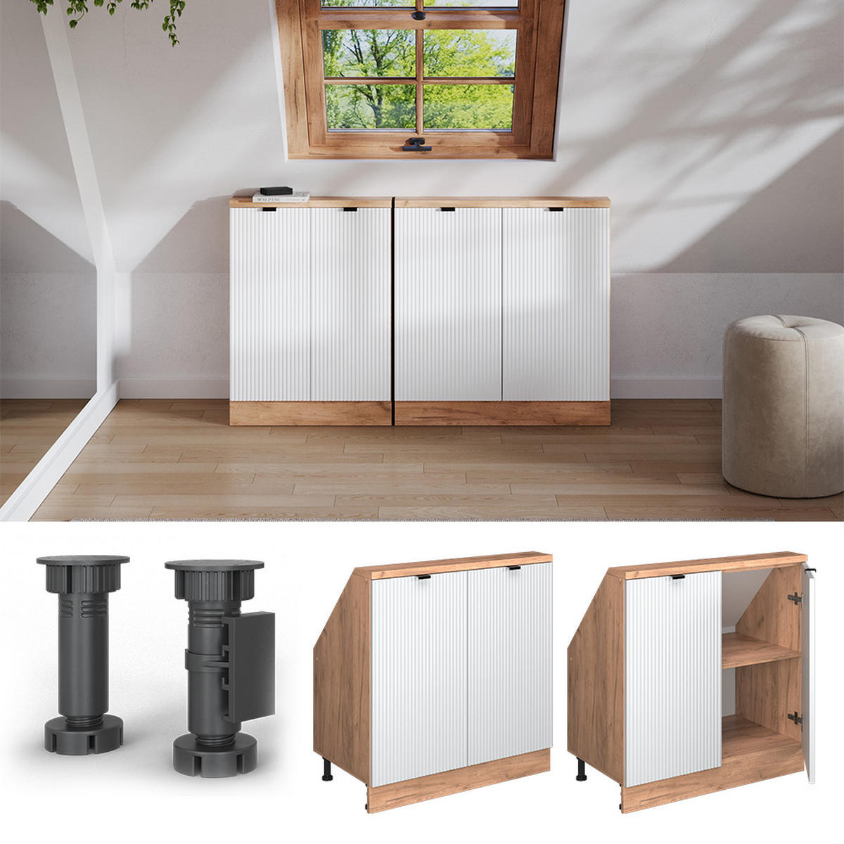 DACHSCHRÄGENSCHRANK Rion Weiß Riffel 80 x 81.6 cm mit 2 Türen - Weiß, Holzwerkstoff (80/81.6/46cm) - Vicco