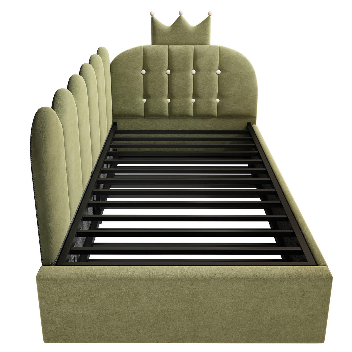 KINDERBETT Kindereinzelbetten 90/200 cm mit Ausziehbett 90/190 cm, L-Form, Kronen- und Gitterdesign aus Samt, Grün - Grün, Textil (90/200cm) - Redom