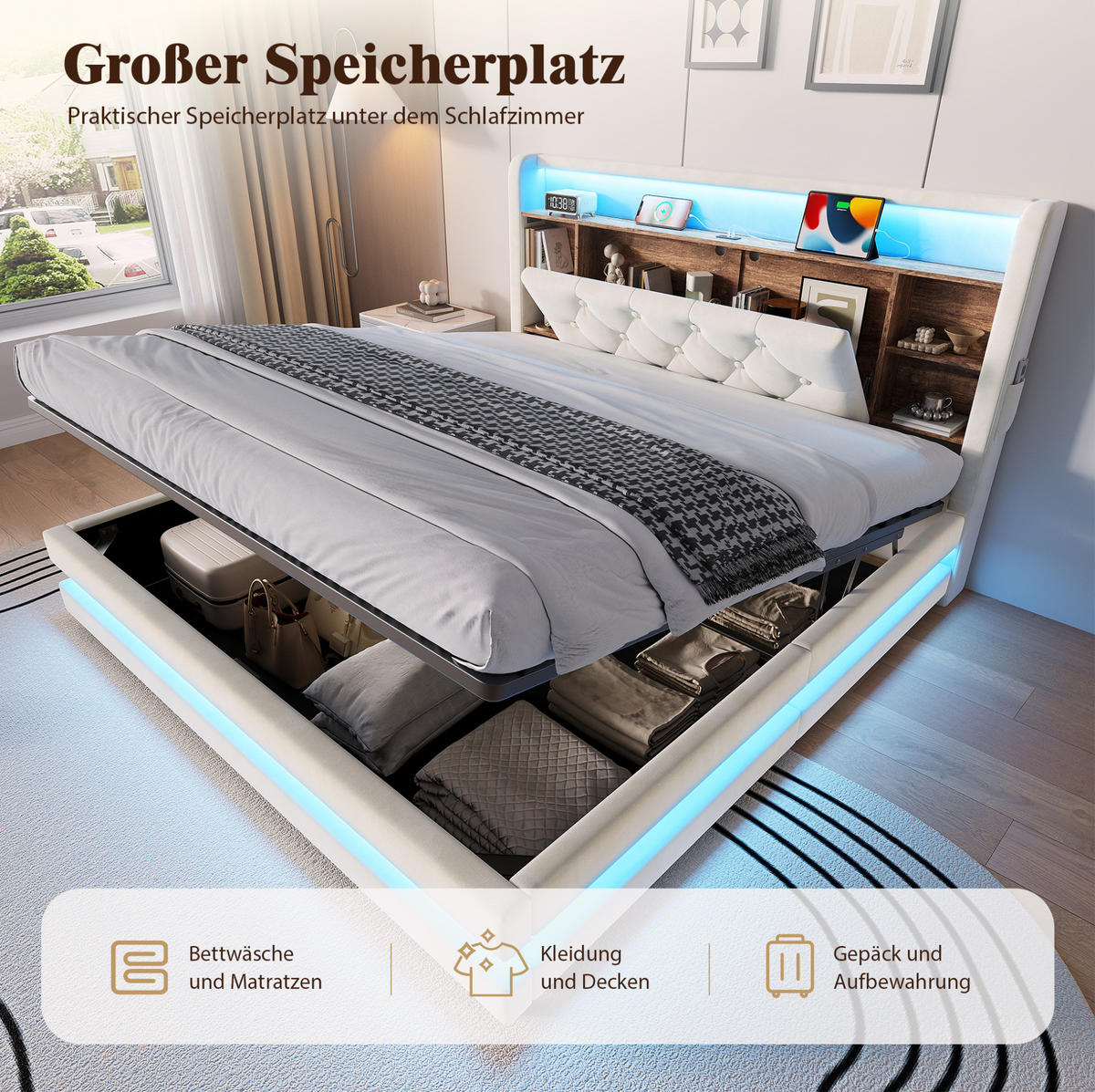 POLSTERBETT aus Samt 140x200 cm Beige mit Bettkasten, LED-Beleuchtung und USB-/Type-C-Anschlüssen - Beige, Textil (140/200cm) - Modfu