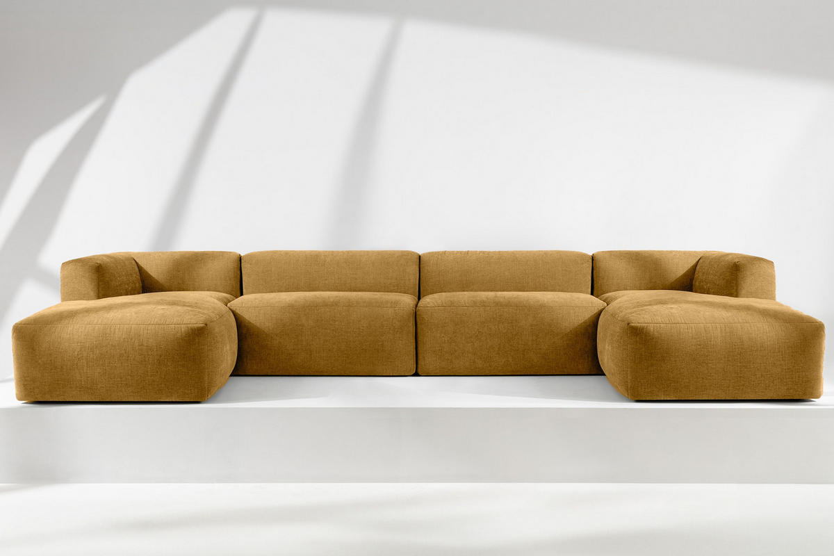 PANORAMA-ECKSOFA BUFFO 7/8 Sitzer mit extrem weicher Sitzfläche, Gewebestoff, Honig - Gelb, Textil (424/73/180cm) - KONSIMO®