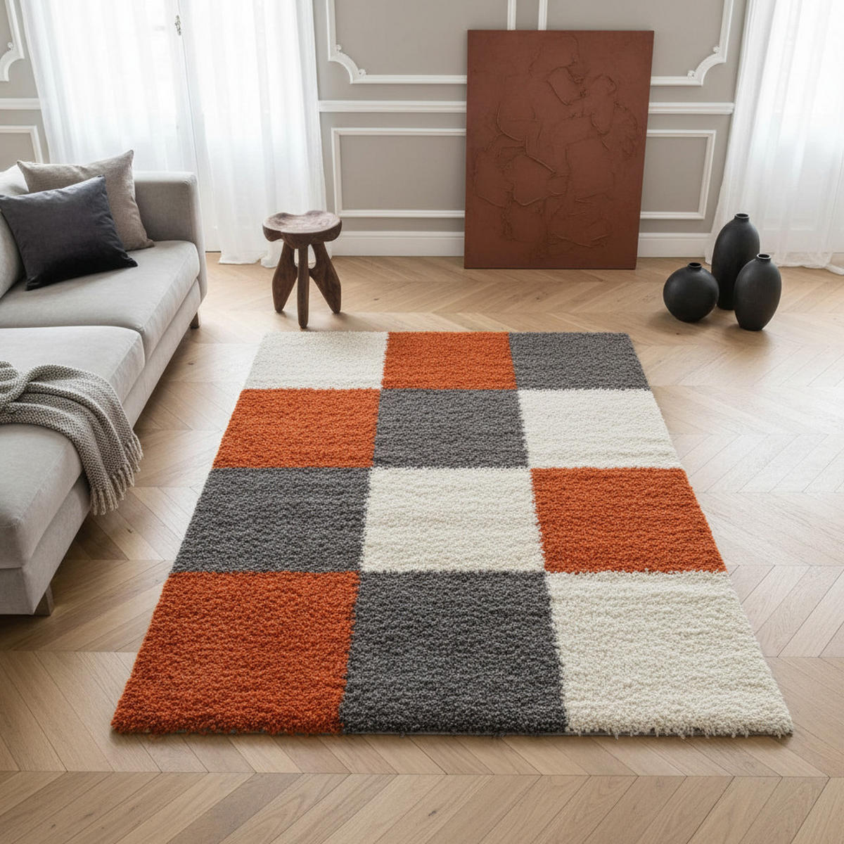 TEPPICH Hochflor Karo Polypropylen Wohnzimmer Shaggy Terrakotta Rechteckig 200x290 - Orange, Textil (200/290cm) - KADIMA DESIGN