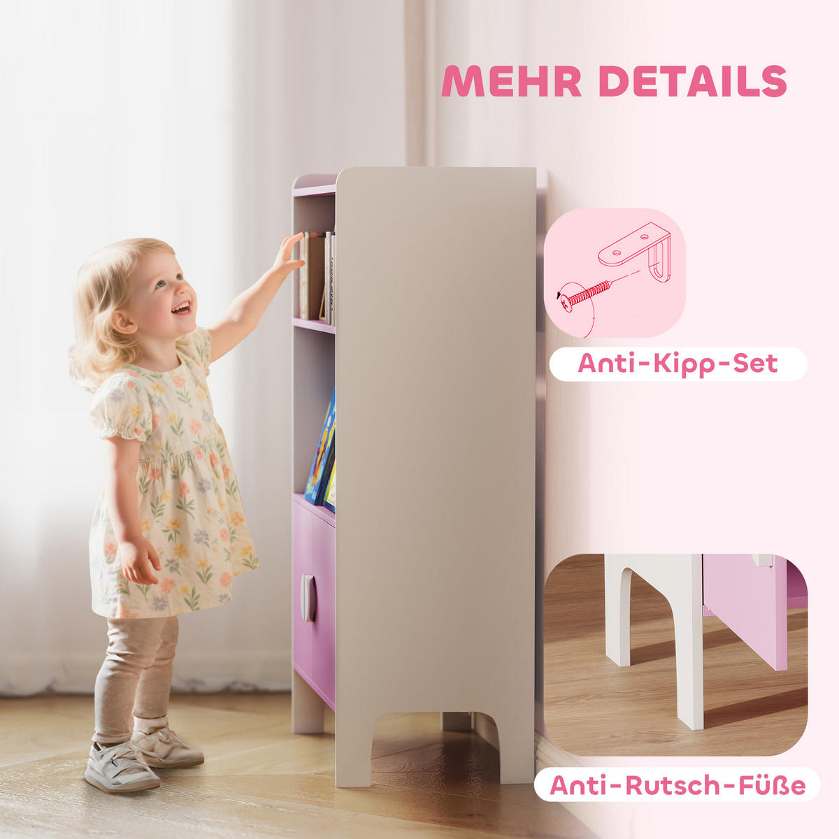 BÜCHERREGAL Kinderregal mit 2 Ablagen und 2 Schranktüren - Rosa/Weiß, Holzwerkstoff (35/100/60cm) - AIYAPLAY