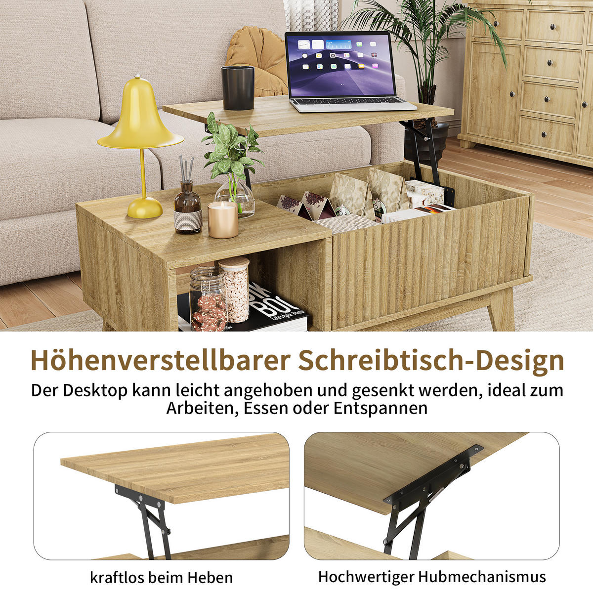 COUCHTISCH höhenverstellbar, holzoptik, mit stauraum - Eichefarben, Holz (95/48/42cm) - SHOPENTRA