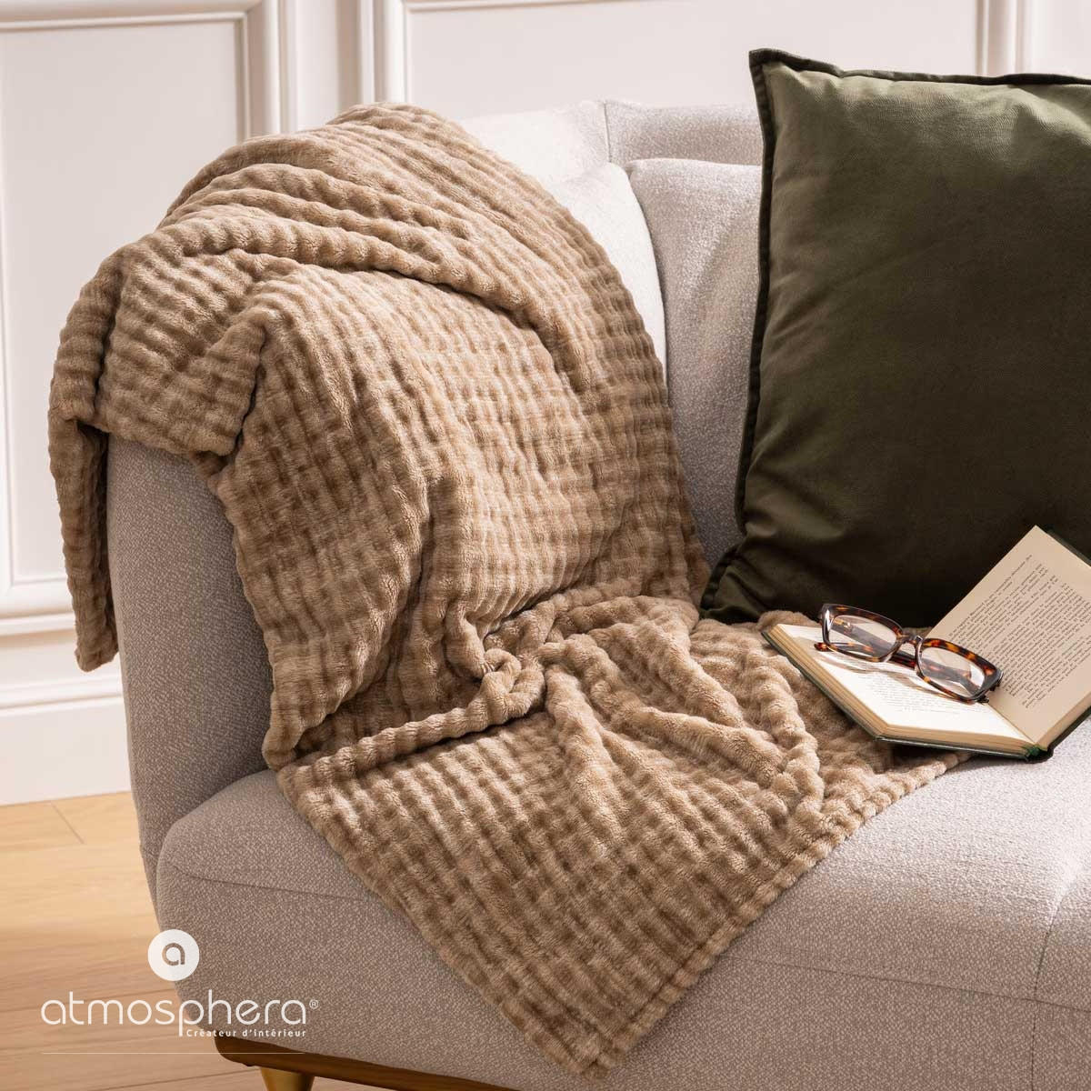 Thumbnail - Atmosphera Createur d´interieur Fleecedecke, Beige, Textil, 1x125 cm, Wohntextilien, Decken, Fleecedecken
