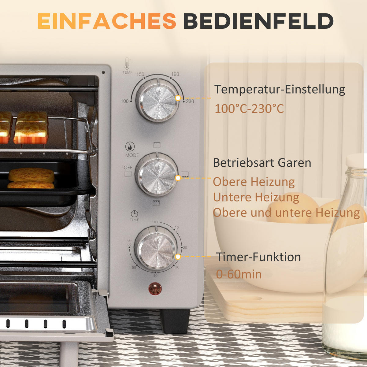 MINIBACKOFEN 21L 1400W Mini Ofen mit 3 Kochmodi, Backblech & Grillrost, Temperatur 100-230°C, Edelstahl, Silber - Silberfarben, Metall (46/29/38.5cm) - Beaface