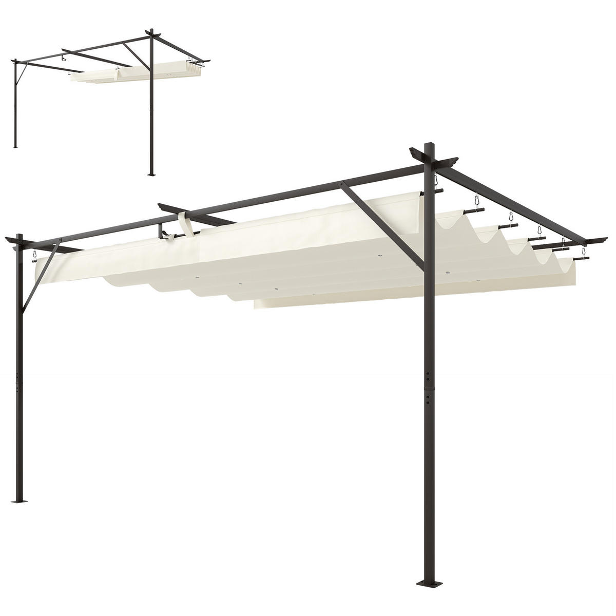 TERRASSENDACH Pergola ca. 4x3m Terrassenüberdachung mit Verstellbares Dach, Wandmontage UV 30+ Cremeweiß - Creme, Metall (396/225/297cm)