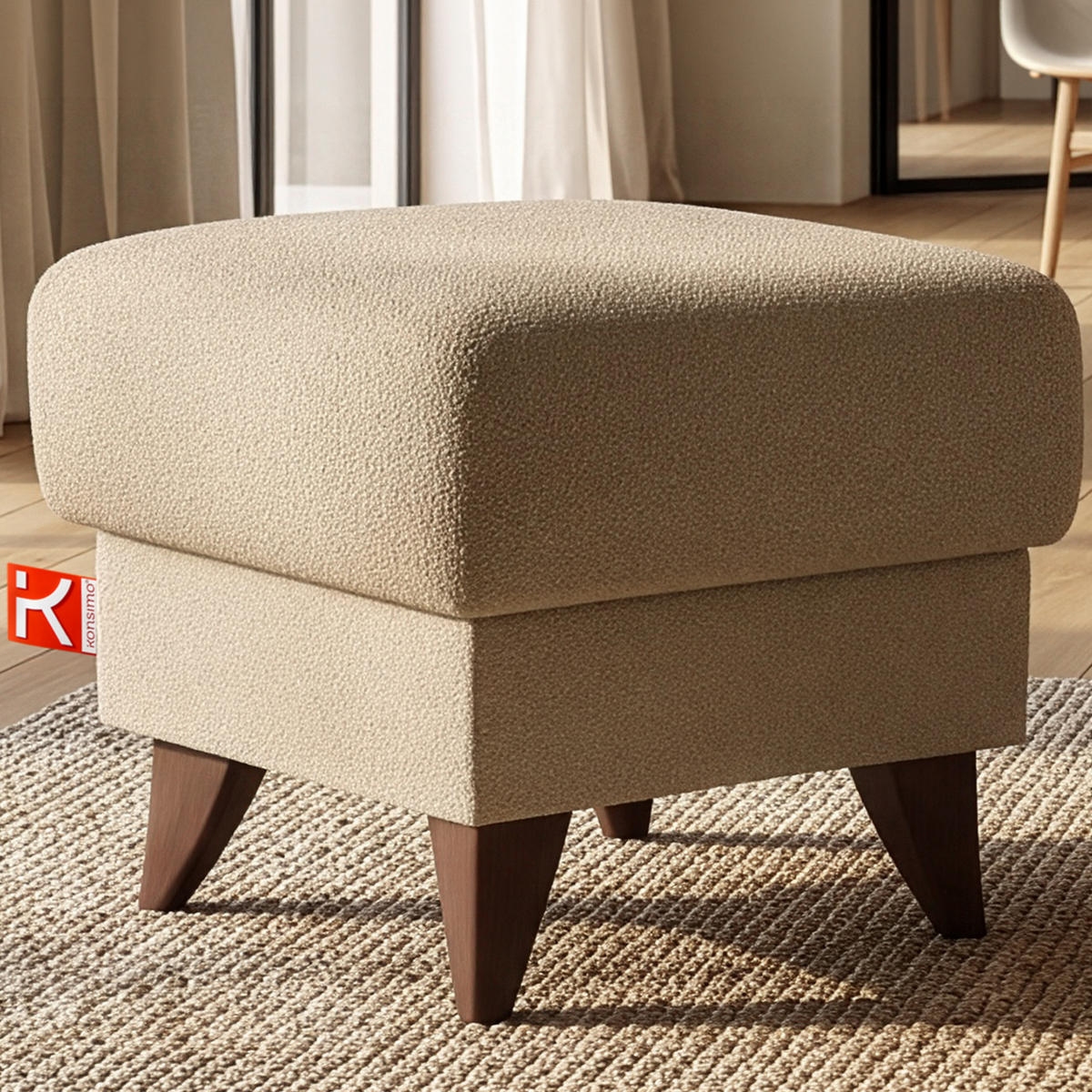 HOCKER GUSTAVO Fußstütze, Bouclé, Beige - Beige, Holz/Holzwerkstoff (53/49/53cm) - KONSIMO®