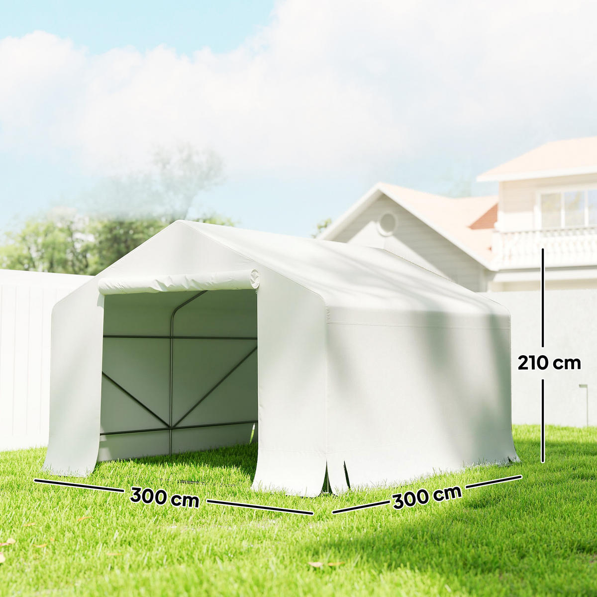 GARTENHAUS Wasserdichtes Gartenhaus-/Garagenzelt mit Rolltor, Metall und PE 3x3m ,weiß - Weiß, Metall (300/210/300cm) - Vallsero