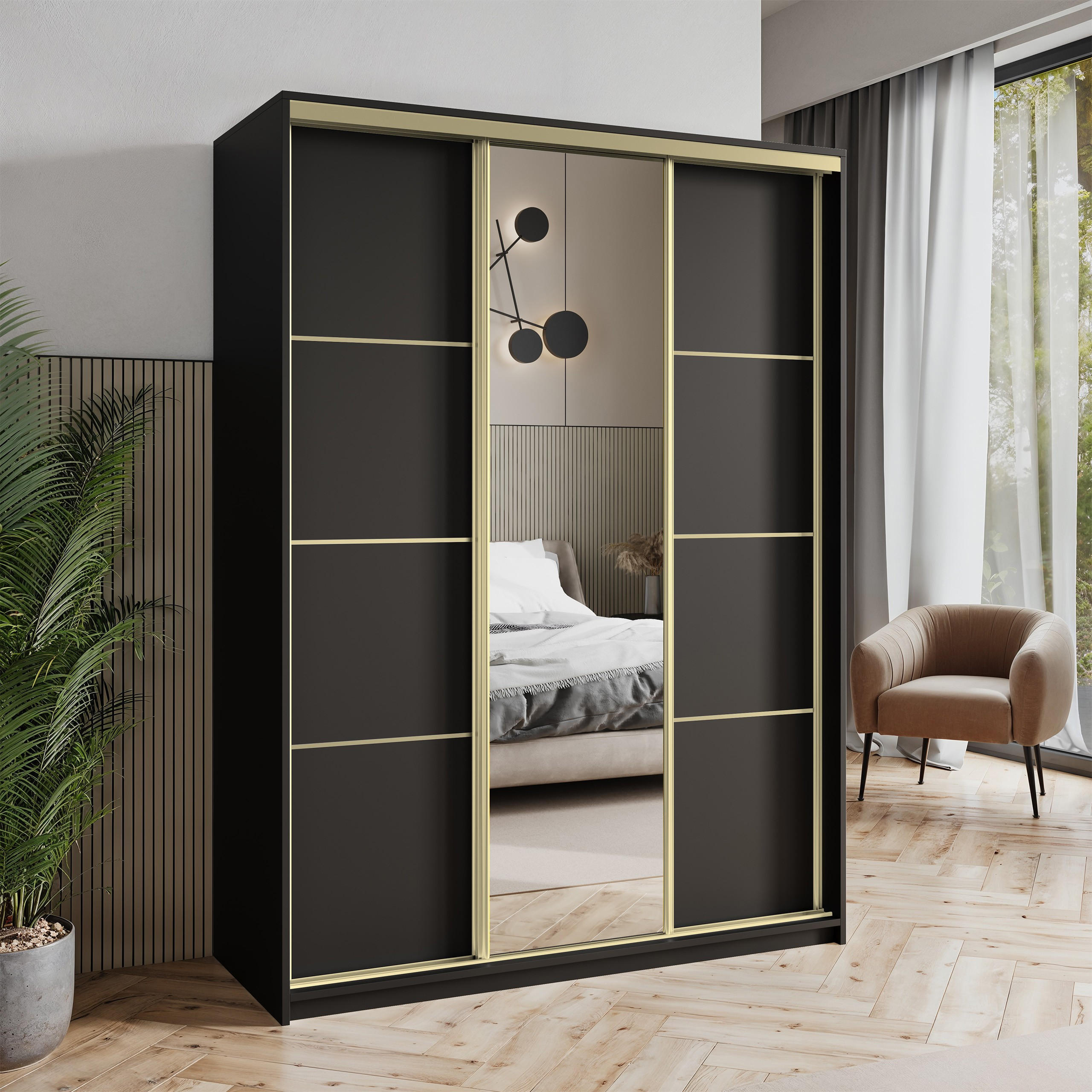 SCHWEBETÜRENSCHRANK VARO 150/205/60 cm 3-türig mit Spiegel Schwarz - Schwarz, Holzwerkstoff (150/205/60cm) - MASSENO